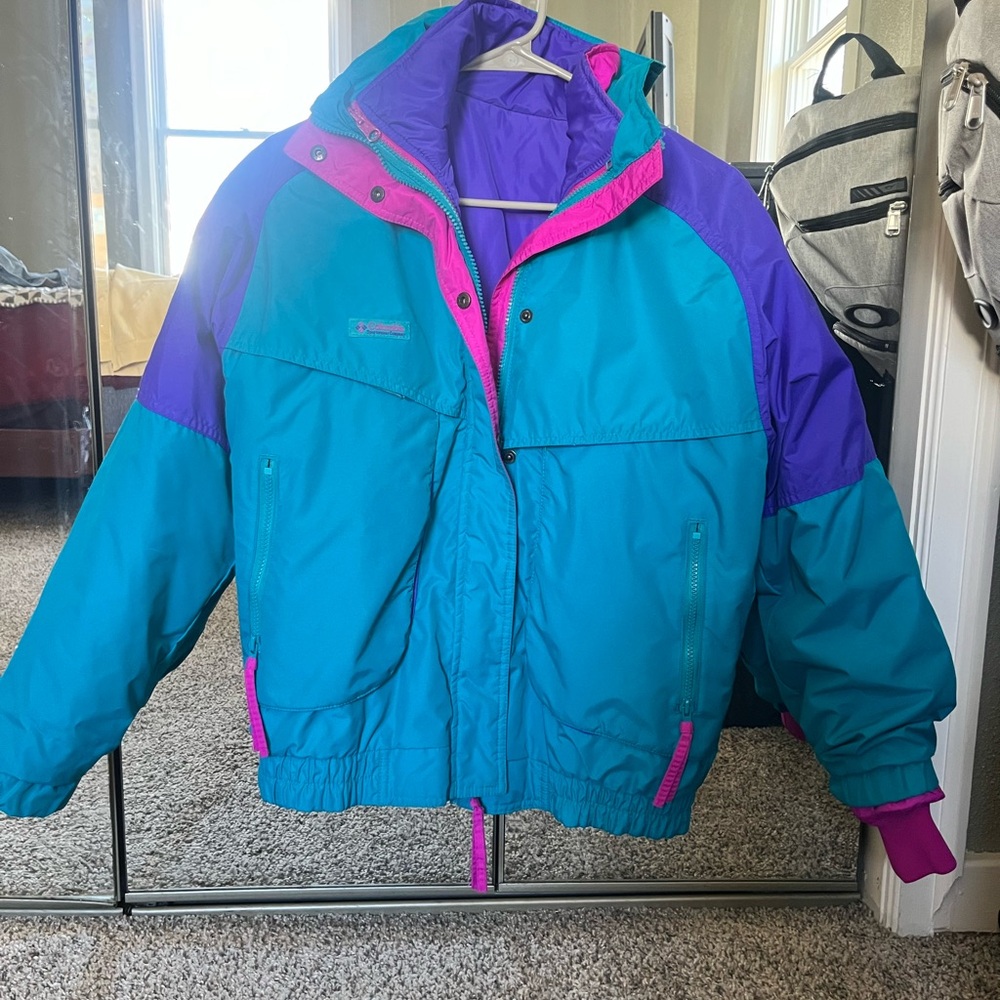 Colorblock Teal & Purple Winter Jacket with Pink Accents